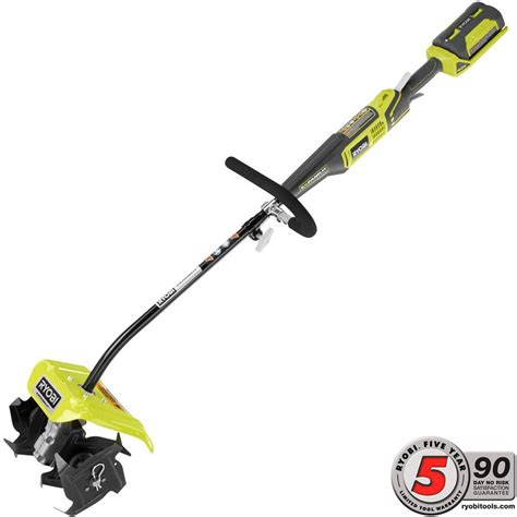 Adjustable tilling width up to 9-in and depth up to 5-in. . Ryobi cultivator attachment